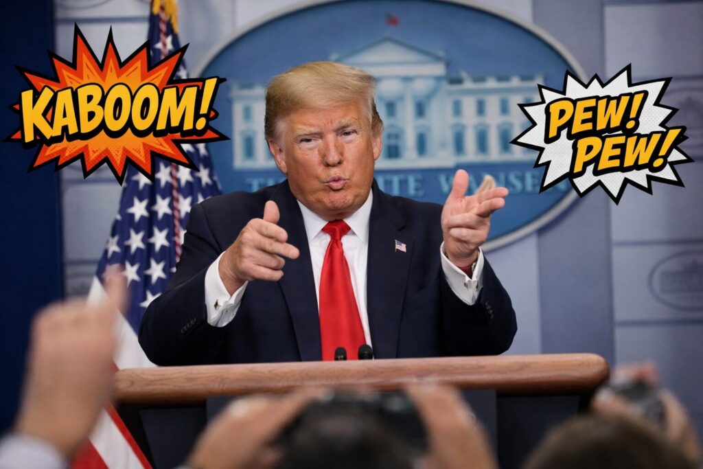 White House Reporters Shocked as Trump Explains Entire Iran Strategy Using Only “Kaboom!”, “Pew Pew” and Hand Motions