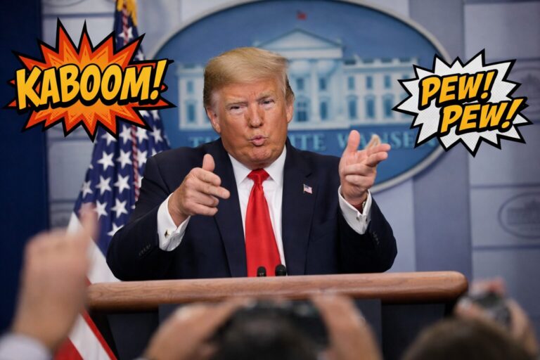 White House Reporters Shocked as Trump Explains Entire Iran Strategy Using Only “Kaboom!”, “Pew Pew” and Hand Motions